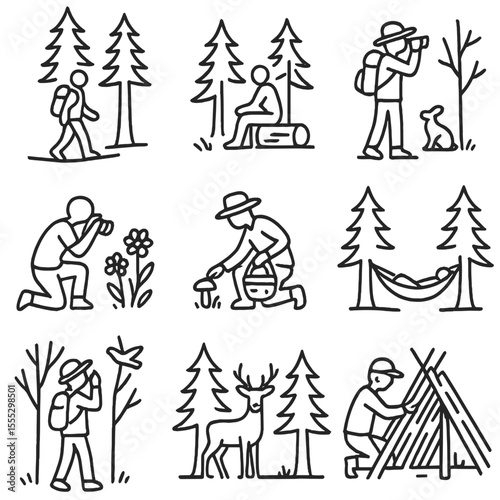 Forest Adventure Icons. Outline style icons of Forest and Nature Adventure Silhouette: person walking through tall trees, sitting