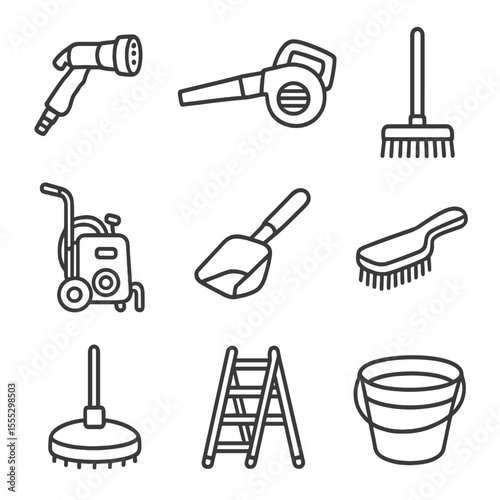 Outdoor Cleaning Icons. Outline style icons of Outdoor Cleaning Tools: garden hose nozzle, leaf blower, outdoor broom, driveway