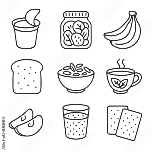 Digestive Health Icons. Outline style icons of Digestive Health Foods: probiotic yogurt cup, fermented veggies jar, banana bunch,