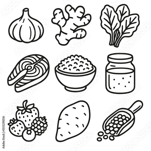 Healthy Ingredients Icons. Outline style icons of Nourishing Ingredients: garlic bulb, ginger root, leafy greens, wild salmon
