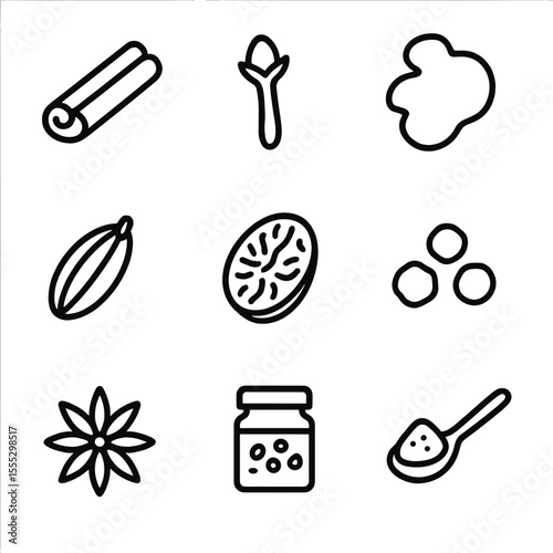 Warming Spice Icons. Outline style icons of Warming Spices and Roots: cinnamon stick, clove pod, ginger slice, cardamom pod,