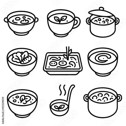 Gentle Soup Icons. Outline style icons of Gentle Soups and Stews: miso soup bowl, broth with herbs, lentil soup pot, vegetable