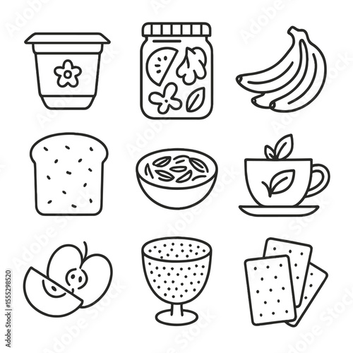Digestive Health Icons. Outline style icons of Digestive Health Foods: probiotic yogurt cup, fermented veggies jar, banana bunch,