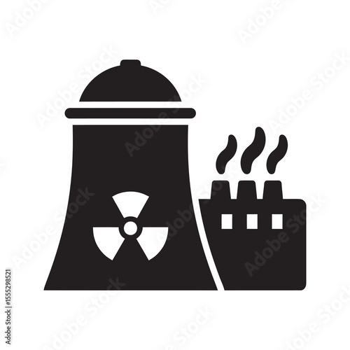 Nuclear power plant icon with a radiation symbol representing a dangerous atomic energy station and environmental safety risk vector solid glyph icon