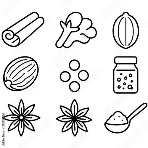 Warming Spice Icons. Outline style icons of Warming Spices and Roots: cinnamon stick, clove pod, ginger slice, cardamom pod,
