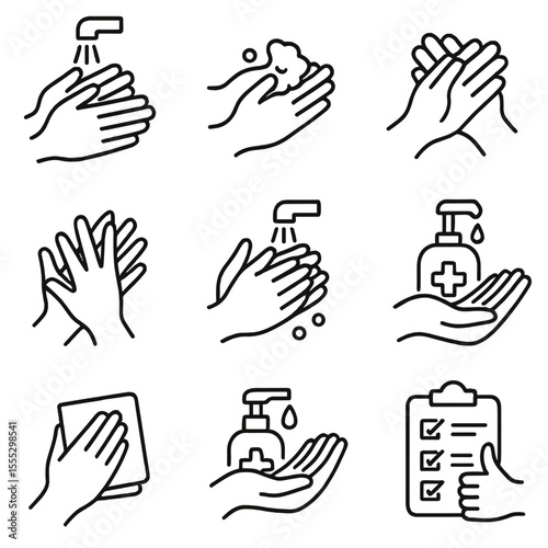 Hand Washing Icon Set. Outline style icons of Hand Washing Steps: hands under water, applying soap, rubbing palms together,