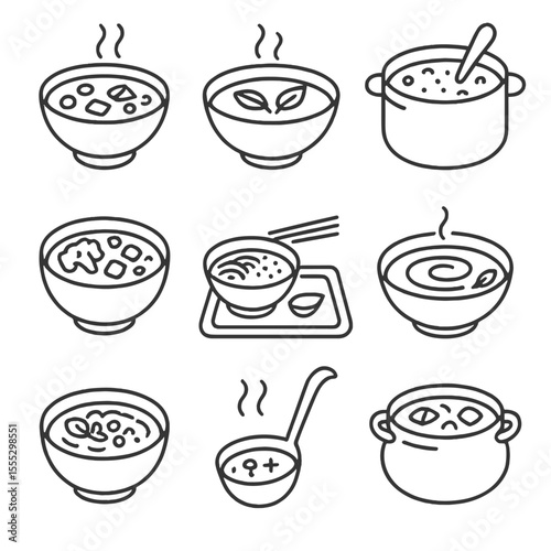 Gentle Soup Icons. Outline style icons of Gentle Soups and Stews: miso soup bowl, broth with herbs, lentil soup pot, vegetable