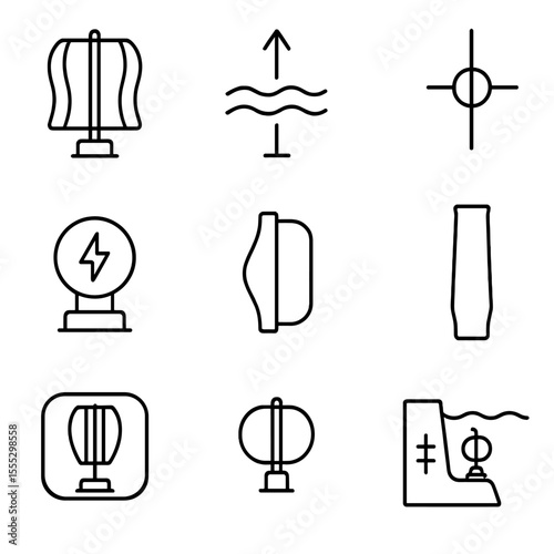 Vertical Turbine Icons. Outline style icons of Water Flow Mechanics: flowing river icon, water drop pressure, gravity flow line,