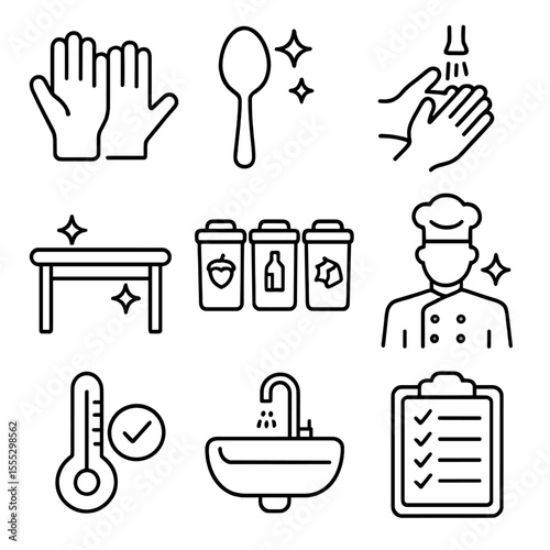 Set of icons for a kitchen, including a sink, a table, a spoon, a chef