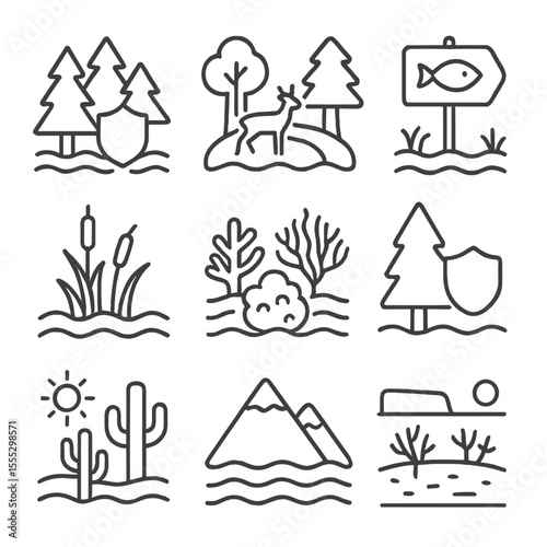 Ecosystem Conservation Icons. Outline style icons of Environmental Impact Management: fish ladder icon, eco flow turbine, reduced