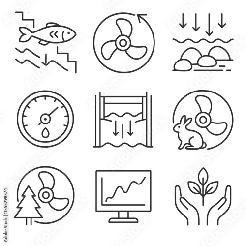 Environmental Impact Icons. Outline style icons of Hybrid Systems with Turbines: turbine with solar panel, hybrid energy icon,