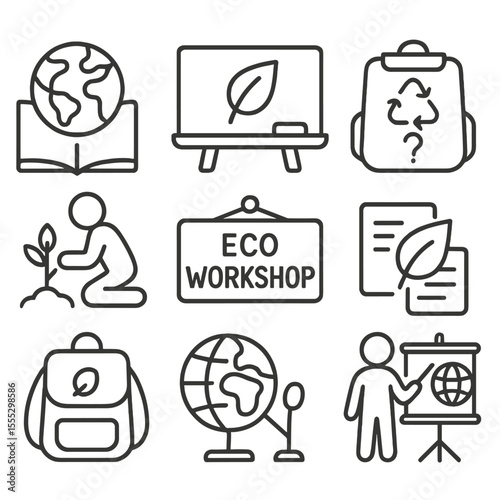 Environmental Education Icons. Outline style icons of Ecosystem Conservation: protected forest, wildlife corridor, marine reserve