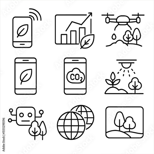 Environmental Tech Icons. Outline style icons of Environmental Tech: smart eco sensor, green analytics graph, drone mapping nature