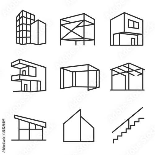 Modern Architecture Icons. Outline style icons of Modern Architecture: glass façade building, steel structure, minimalist cube