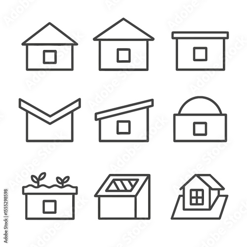 Outline Roof Icons. Outline style icons of Roof Types: gable roof, hip roof, flat roof, butterfly roof, shed roof, dome roof,