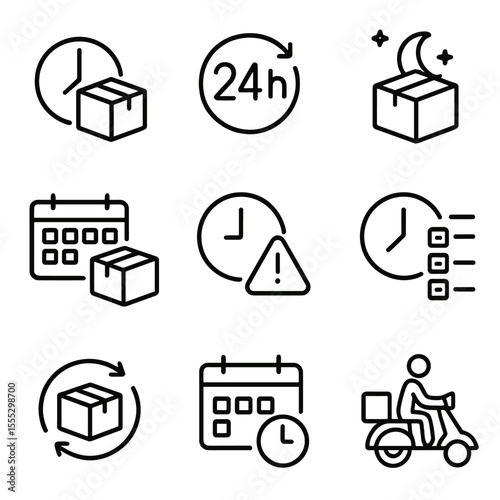 Delivery Icons Set. Outline style icons of Delivery Time Options: clock with package, 24h express icon, overnight box, weekly