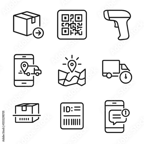 Delivery Tracking Icons. Outline style icons of Tracking and Scanning: package tracking icon, QR code label, barcode reader,
