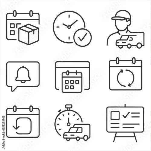 Delivery Scheduling Icons. Outline style icons of Delivery Scheduling: calendar with box, time picker icon, delivery day highlight