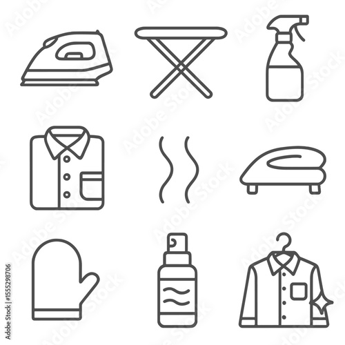 Ironing Essentials Icons. Outline style icons of Ironing Essentials: steam iron, ironing board, spray bottle, folded shirt, crease