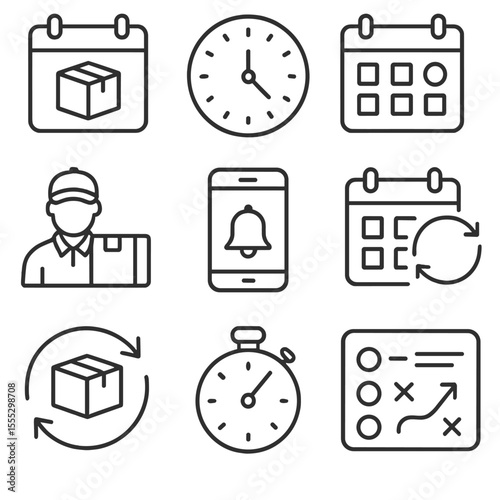 Delivery Scheduling Icons. Outline style icons of Delivery Scheduling: calendar with box, time picker icon, delivery day highlight