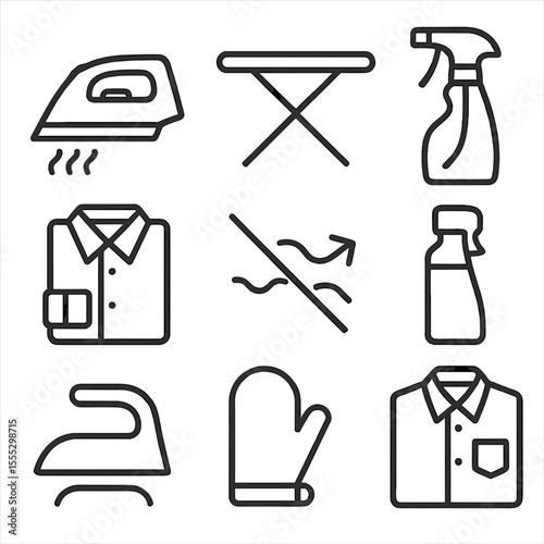 Ironing Essentials Icons. Outline style icons of Ironing Essentials: steam iron, ironing board, spray bottle, folded shirt, crease
