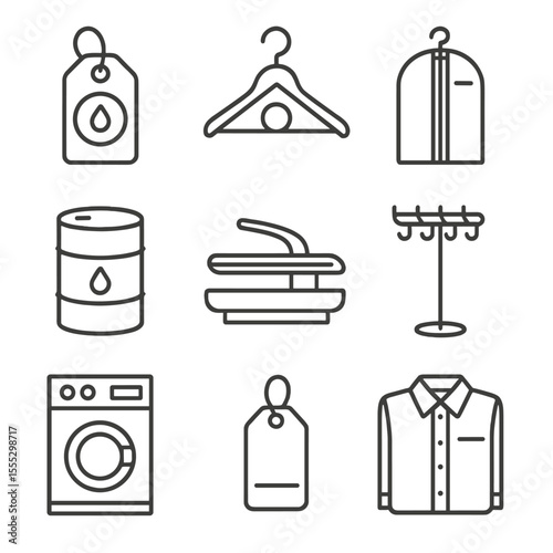 Dry Cleaning Icons. Outline style icons of Dry Cleaning: dry clean tag, dry cleaner hanger, garment bag, solvent drum, steam press