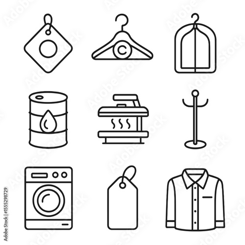 Dry Cleaning Icons. Outline style icons of Dry Cleaning: dry clean tag, dry cleaner hanger, garment bag, solvent drum, steam press
