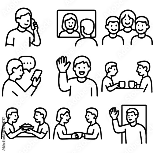 Social Connection Icons. Outline style icons of Social Connection: talking on phone, video call, texting, smiling group, waving