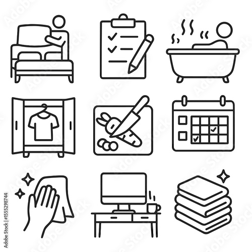 Sunday Reset Icons. Outline style icons of Sunday Reset Routine: changing bedding, grocery list writing, self-care bath, closet