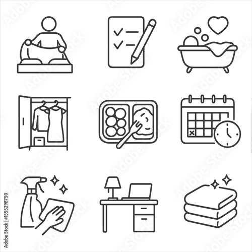 Sunday Reset Icons. Outline style icons of Sunday Reset Routine: changing bedding, grocery list writing, self-care bath, closet