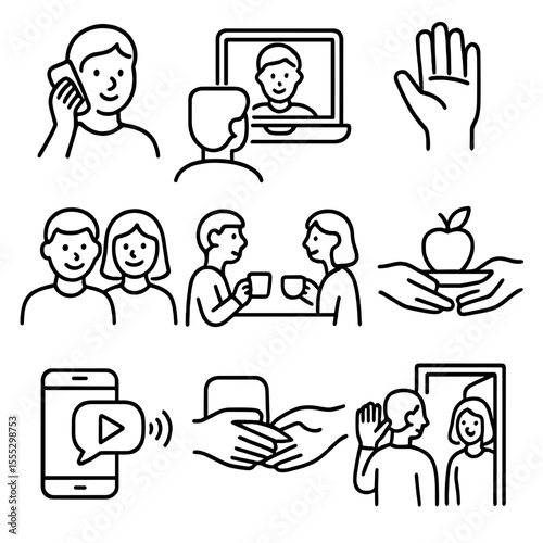 Social Connection Icons. Outline style icons of Social Connection: talking on phone, video call, texting, smiling group, waving