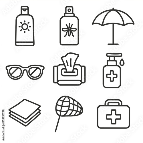 Picnic Protection Icons. Outline style icons of Picnic Protection Items: sunscreen bottle, insect repellent spray, umbrella shade,
