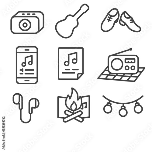 Music & Entertainment Icons. Outline style icons of Music and Entertainment: portable speaker, guitar case, phone playlist,