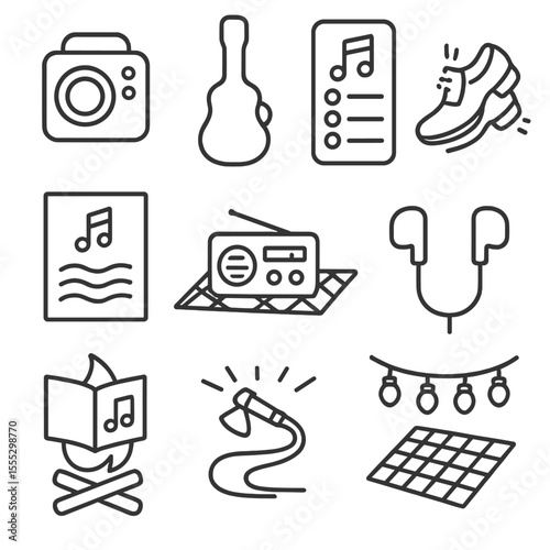 Music & Entertainment Icons. Outline style icons of Music and Entertainment: portable speaker, guitar case, phone playlist,