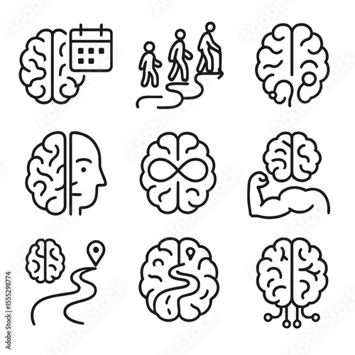 Lifelong Brain Icons. Outline style icons of Lifelong Brain Flexibility: brain with calendar icon, every age learning path, neural