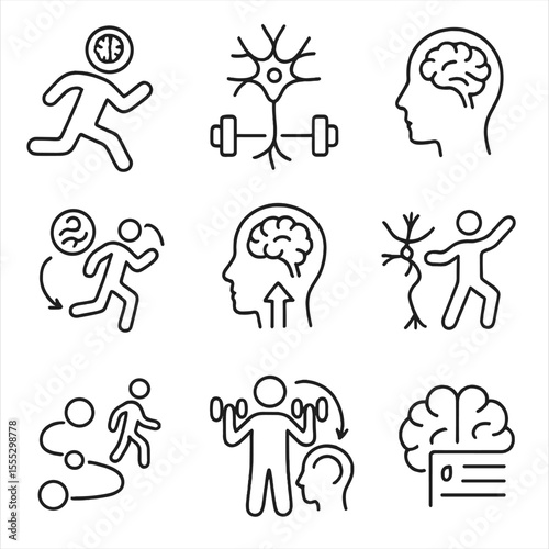 Exercise and Brain Connection. Outline style icons of Physical Activity and Brain Change: running person with brain icon, neuron