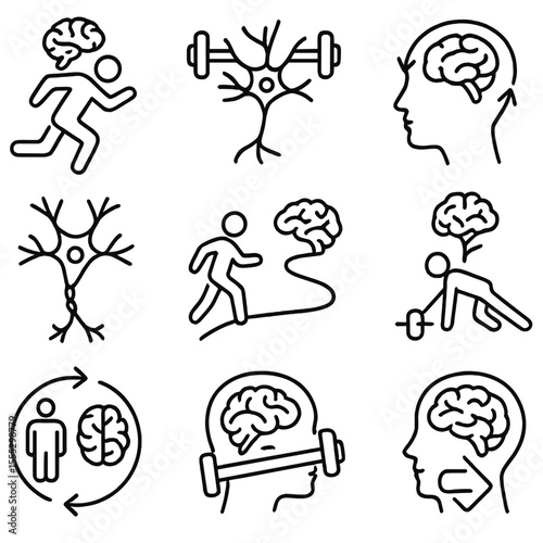 Exercise and Brain Connection. Outline style icons of Physical Activity and Brain Change: running person with brain icon, neuron