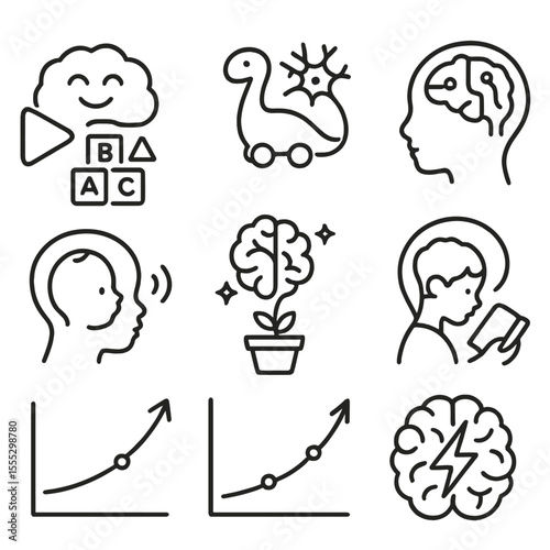 Childhood Brain Icons. Outline style icons of Childhood Learning and Brain Plasticity: play and learn brain, toy to neuron icon,