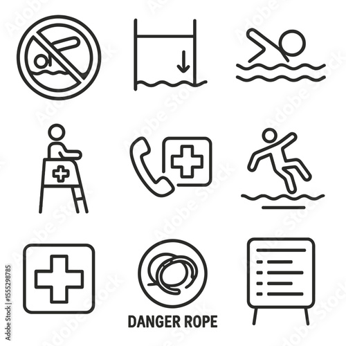 Pool Safety Icons. Outline style icons of Pool Safety Signs: no diving sign, depth warning, swim at your own risk, lifeguard on