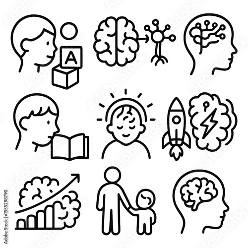 Childhood Brain Icons. Outline style icons of Childhood Learning and Brain Plasticity: play and learn brain, toy to neuron icon,