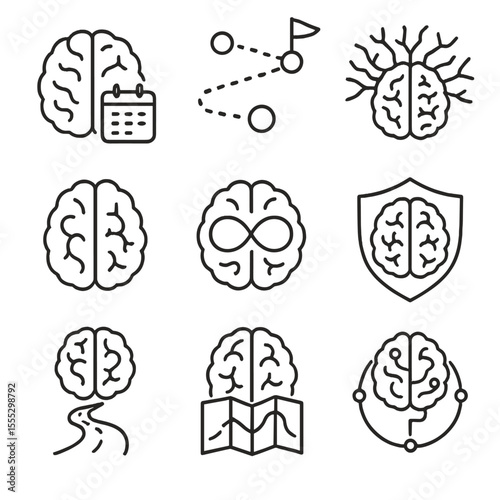 Lifelong Brain Icons. Outline style icons of Lifelong Brain Flexibility: brain with calendar icon, every age learning path, neural