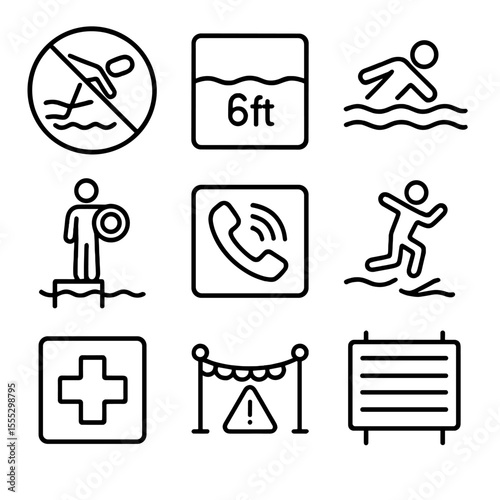 Pool Safety Icons. Outline style icons of Pool Safety Signs: no diving sign, depth warning, swim at your own risk, lifeguard on
