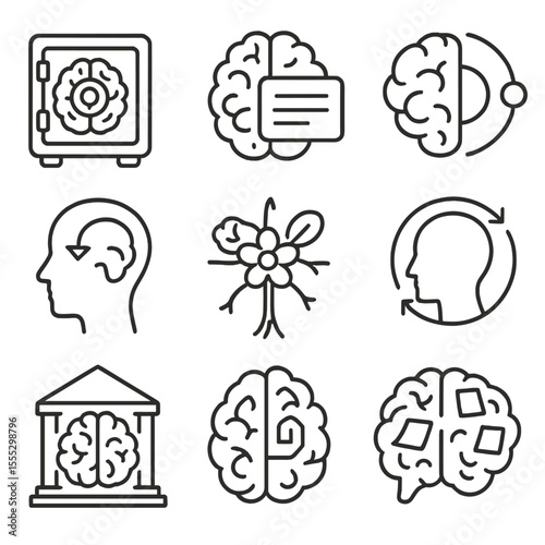 Outline Memory Icons. Outline style icons of Memory and Retention: memory vault brain, brain with flashcard, recall circuit,