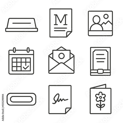 Personalized Printing Icons. Outline style icons of Personalized Printing: nameplate icon, monogram print, custom photo print,