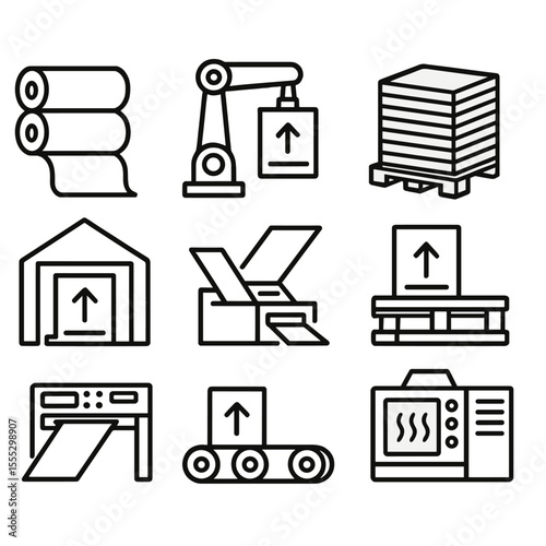 Industrial Printing Icons. Outline style icons of Industrial Printing: industrial roll press, robotic print arm, large stack