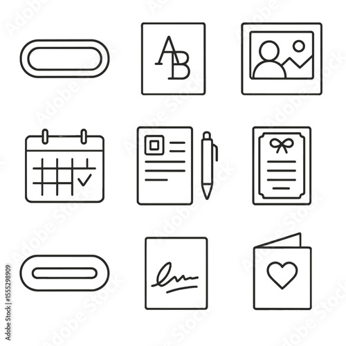 Personalized Printing Icons. Outline style icons of Personalized Printing: nameplate icon, monogram print, custom photo print,