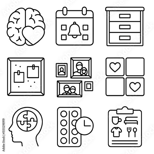 Memory Care Icons. Outline style icons of Memory Care Support: brain icon with heart, calendar reminder, labeled drawers, memory