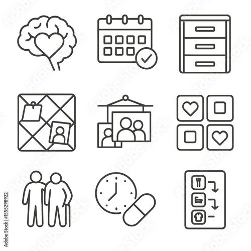 Memory Care Icons. Outline style icons of Memory Care Support: brain icon with heart, calendar reminder, labeled drawers, memory