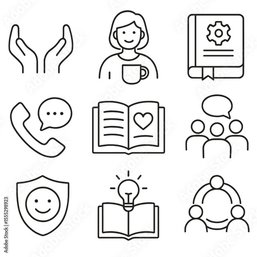 Caregiver Support Icons. Outline style icons of Caregiver Support: hands holding icon, caregiver coffee break, resource guide icon