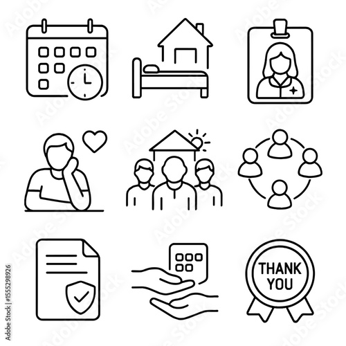 Respite Care Icons. Outline style icons of Respite Care Options: short-term stay calendar, guest room icon, visiting nurse badge,